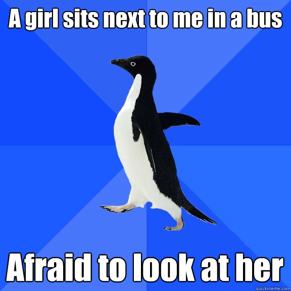 a girl sits next to me in a bus afraid to look at her - Socially Awkward Penguin