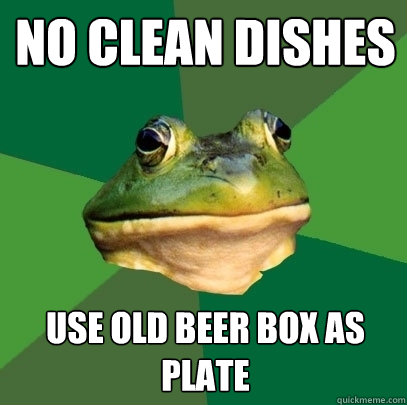 no clean dishes use old beer box as plate - Foul Bachelor Frog