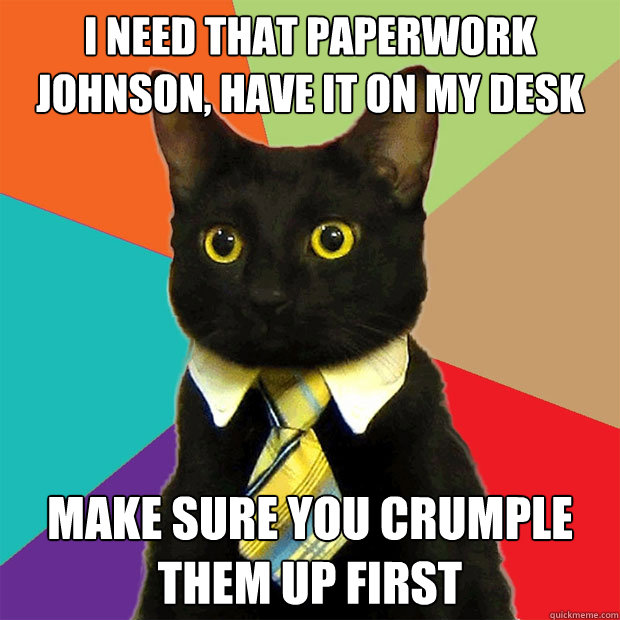 i need that paperwork johnson have it on my desk make sure - Business Cat