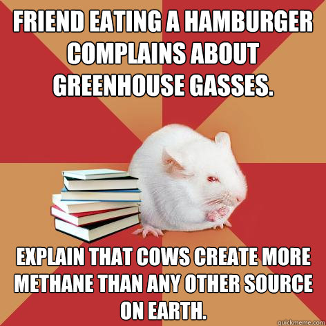 friend eating a hamburger complains about greenhouse gasses - Science Major Mouse
