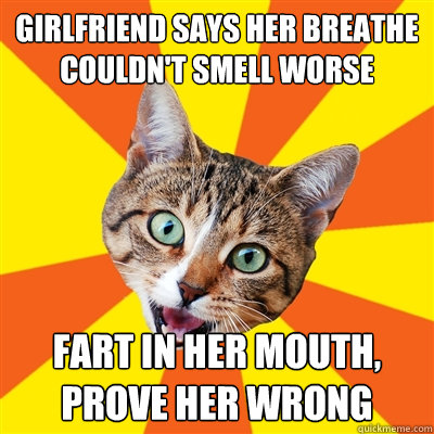 girlfriend says her breathe couldnt smell worse fart in he - Bad Advice Cat