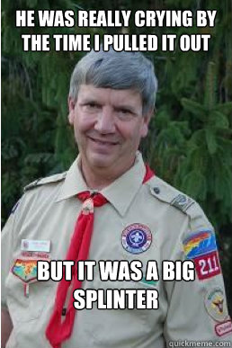 he was really crying by the time i pulled it out but it was - Harmless Scout Leader