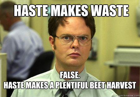 haste makes waste false haste makes a plentiful beet harv - Schrute