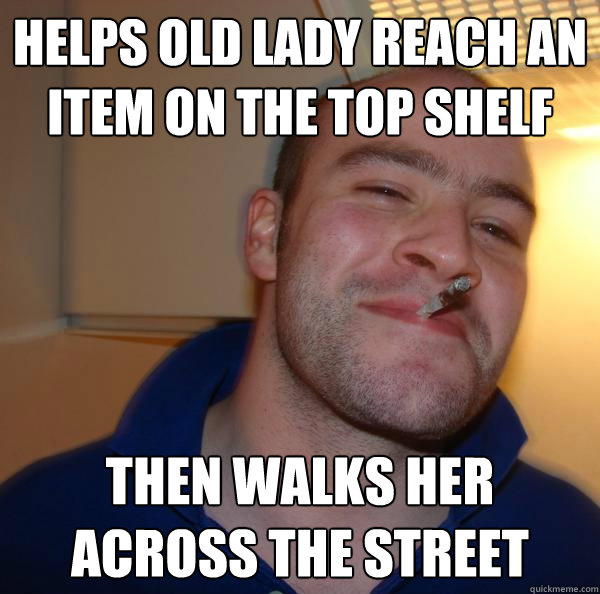 helps old lady reach an item on the top shelf then walks her - UNTITLED