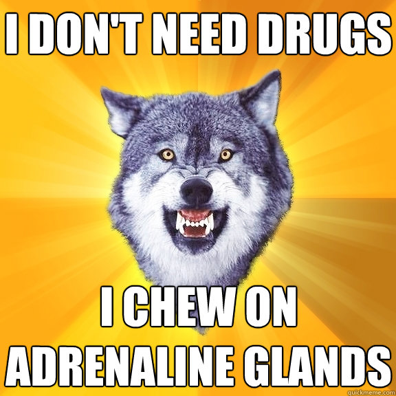 i dont need drugs i chew on adrenaline glands - Courage Wolf