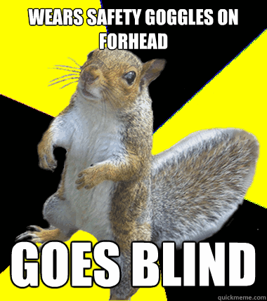 wears safety goggles on forhead goes blind - Poor Lab Safety Squirrel