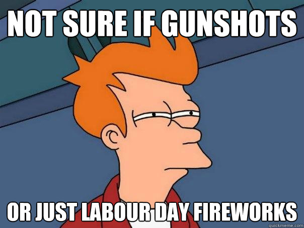 not sure if gunshots or just labour day fireworks - Futurama Fry