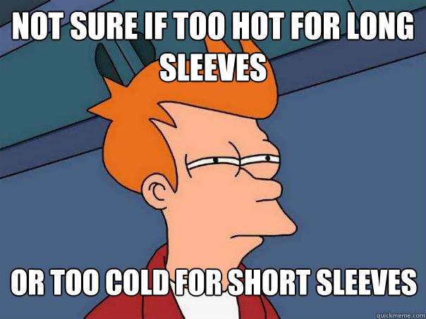 not sure if too hot for long sleeves or too cold for short s - Futurama Fry