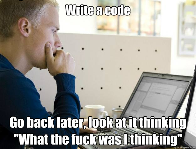 write a code go back later look at it thinking what the fu - Programmer