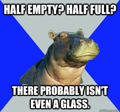 half empty half full there probably isnt even a glass - Skeptical Hippo