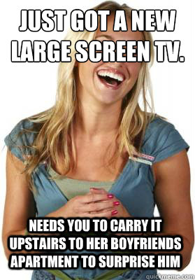 just got a new large screen tv needs you to carry it upstai - Friend Zone Fiona