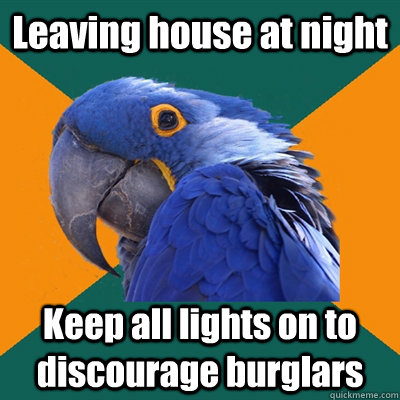 leaving house at night keep all lights on to discourage burg - Paranoid Parrot