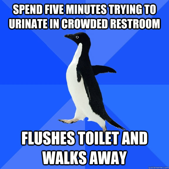 spend five minutes trying to urinate in crowded restroom fl - Socially Awkward Penguin
