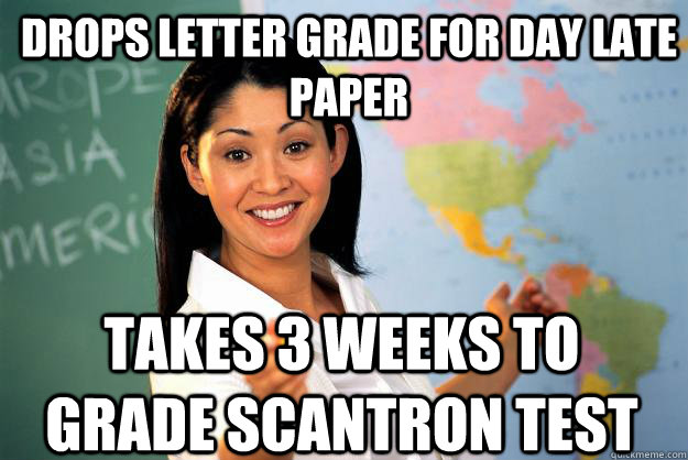 drops letter grade for day late paper takes 3 weeks to grade - Unhelpful High School Teacher