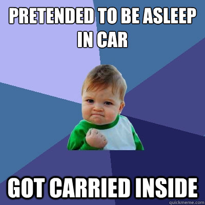 pretended to be asleep in car got carried inside - Success Kid