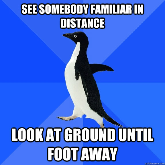 see somebody familiar in distance look at ground until foot - Socially Awkward Penguin