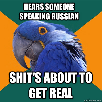 hears someone speaking russian shits about to get real - Paranoid Parrot