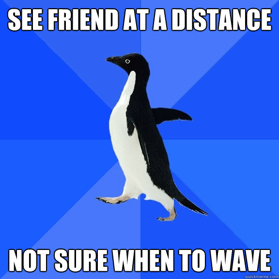 see friend at a distance not sure when to wave - Socially Awkward Penguin