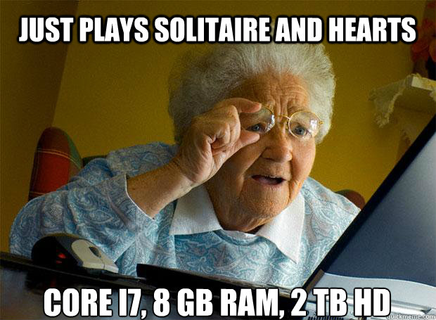 just plays solitaire and hearts core i7 8 gb ram 2 tb hd - Grandma finds the Internet