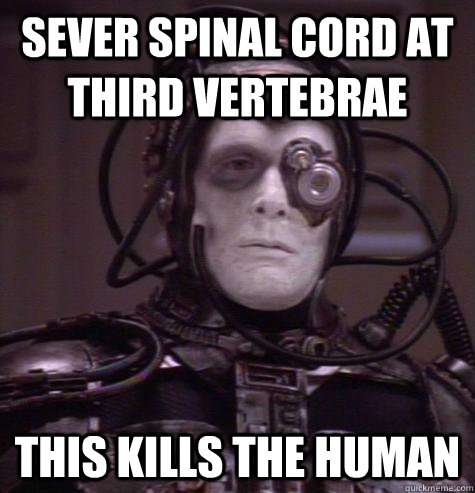 sever spinal cord at third vertebrae this kills the human - Crosis