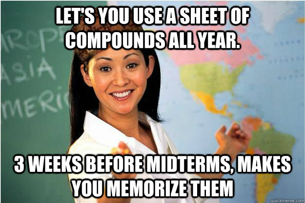 lets you use a sheet of compounds all year 3 weeks before - Scumbag Teacher