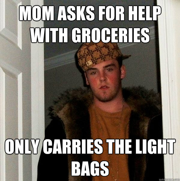 mom asks for help with groceries only carries the light bags - Scumbag Steve
