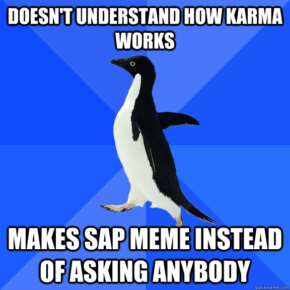 doesnt understand how karma works makes sap meme instead of - Socially Awkward Penguin