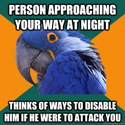 person approaching your way at night thinks of ways to disab - Paranoid Parrot