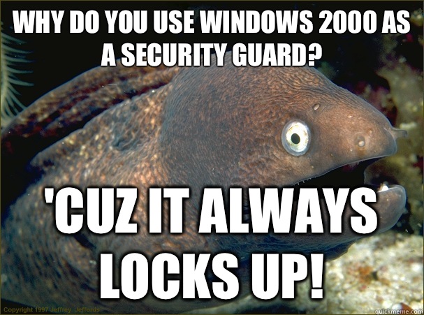 Why do you use windows 2000 as a security guard Cuz it alway - Bad Joke Eel