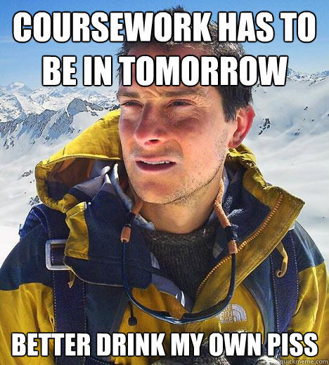 coursework has to be in tomorrow better drink my own piss - Bear Grylls