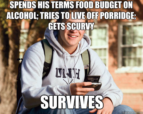 spends his terms food budget on alcohol tries to live off p - College Freshman