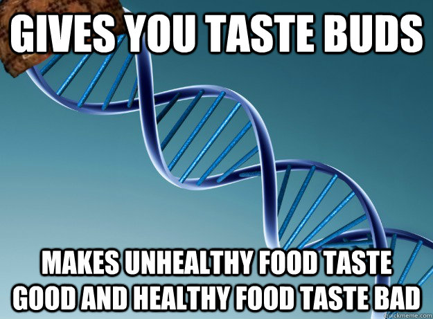 gives you taste buds makes unhealthy food taste good and hea - Scumbag Genetics