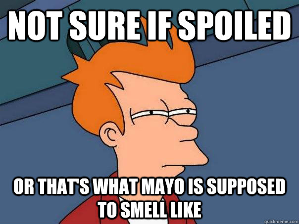 not sure if spoiled or thats what mayo is supposed to smell - Futurama Fry