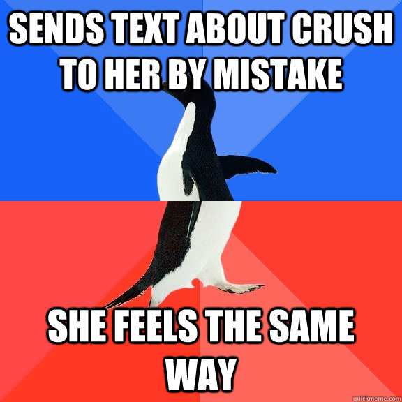 sends text about crush to her by mistake she feels the same - Socially Awkward Awesome Penguin