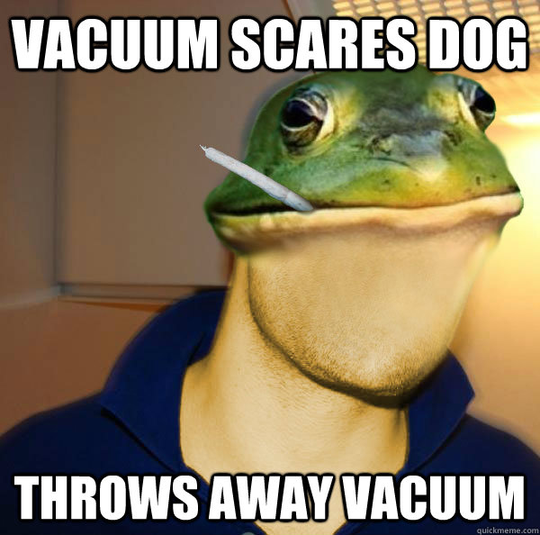 vacuum scares dog throws away vacuum - Good Guy Foul Bachelor Frog