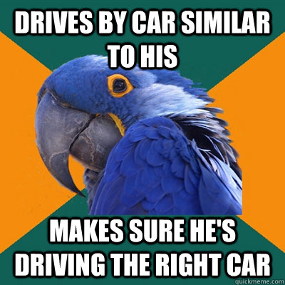 drives by car similar to his makes sure hes driving the rig - Paranoid Parrot