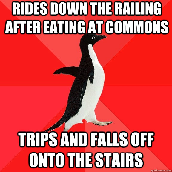 rides down the railing after eating at commons trips and fal - Socially Awesome Penguin