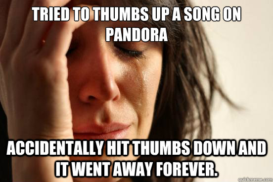 tried to thumbs up a song on pandora accidentally hit thumbs - First World Problems