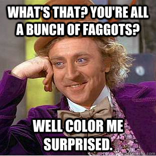 whats that youre all a bunch of faggots well color me su - Psychotic Willy Wonka