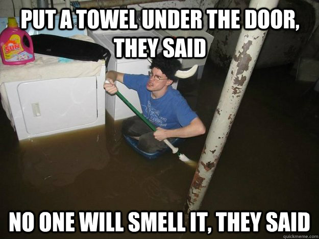 put a towel under the door they said no one will smell it - Do the laundry they said