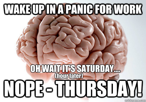 wake up in a panic for work nope thursday oh wait its s - Scumbag Brain