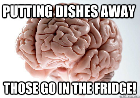 putting dishes away those go in the fridge  - Scumbag Brain