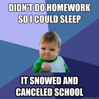 didnt do homework so i could sleep it snowed and canceled s - Success Kid