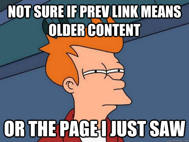 not sure if prev link means older content or the page i just - Futurama Fry