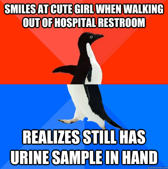 smiles at cute girl when walking out of hospital restroom re - Socially Awesome Awkward Penguin