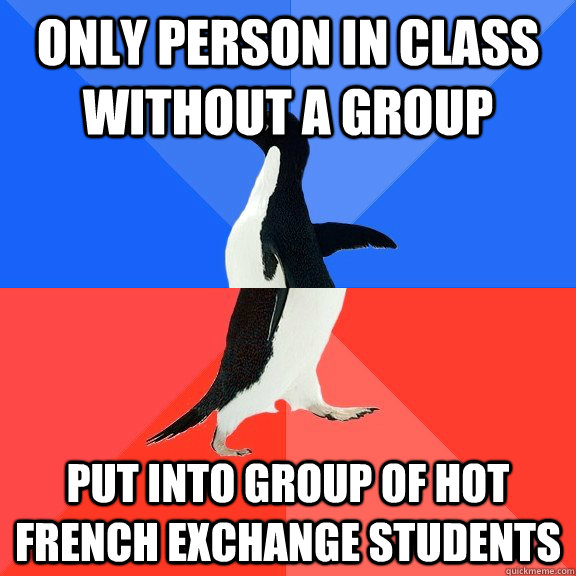 only person in class without a group put into group of hot f - Socially Awkward Awesome Penguin