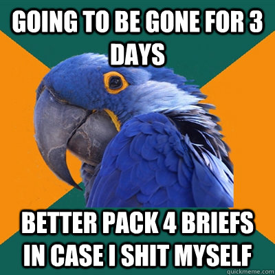 going to be gone for 3 days better pack 4 briefs in case i s - Paranoid Parrot