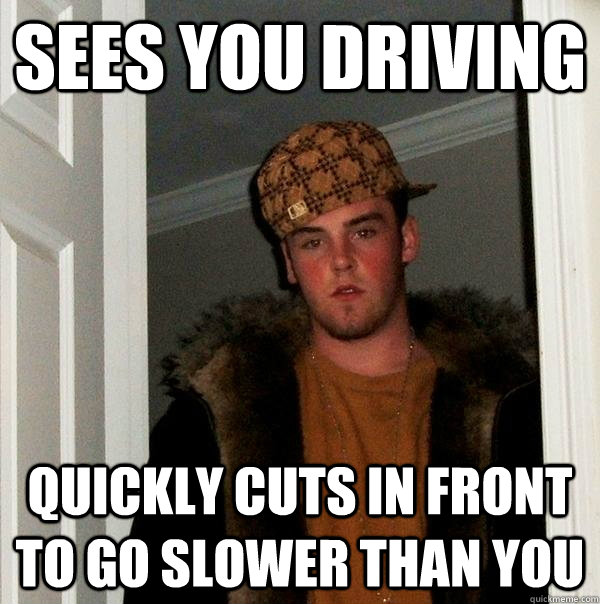 sees you driving quickly cuts in front to go slower than yo - Scumbag Steve