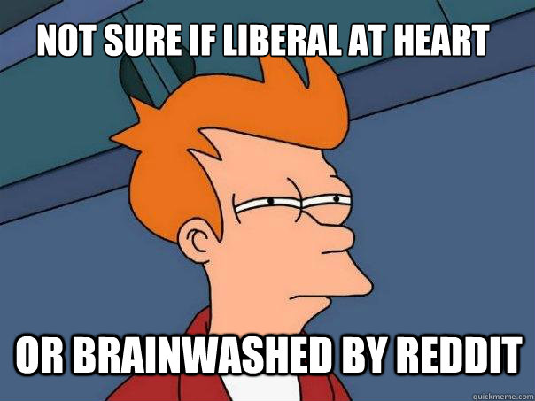 not sure if liberal at heart or brainwashed by reddit - Futurama Fry