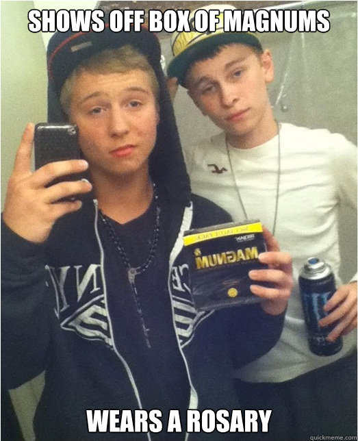 shows off box of magnums wears a rosary - Magnum Mike